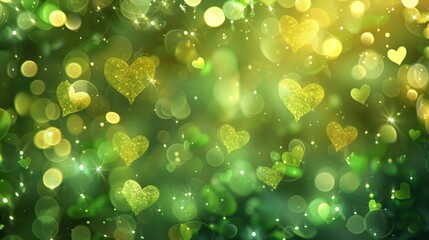 Leinwandbilder - Multiple green and gold hearts scattered across a green background
