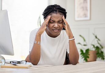 Poster - Black woman, computer and frustrated with career for headache, stress and fatigue working on project. Business person, pc and burnout in office for overwork, mental health or annoyed with job