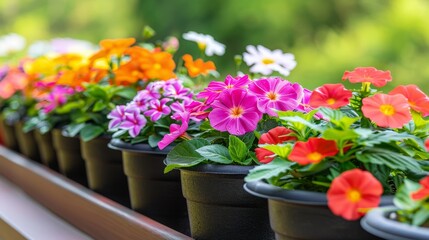 Poster - A row of vibrant flowers in black pots lined up on a balcony railing