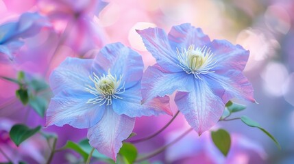 Aufkleber - Blue clematis flowers in full bloom contrast beautifully against a soft pink background, creating a striking visual display
