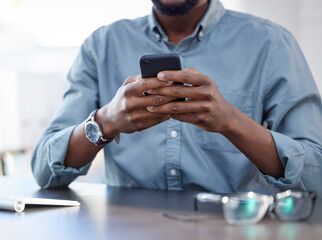 Poster - Businessman, smartphone and typing at desk in closeup for email, communication with tech for company. Male person, hands and message with phone or check for schedule, reminder for meeting on app