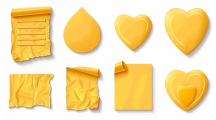 Poster - A set of yellow paper stickers, crumpled sticky notes. Modern realistic set of empty glued labels with curled corners. Heart shape adhesive tags isolated on white.