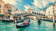 A fleet of traditional wooden gondolas gliding along narrow canals in Venice,Italy