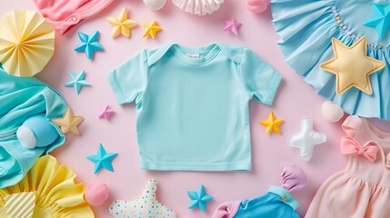 Wall Mural - AI generated illustration of newborn girl clothing on a pink backdrop