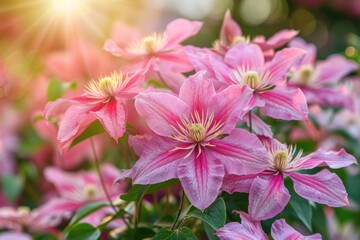 Poster - Pink clematis flowers shining brightly under the suns rays in a garden