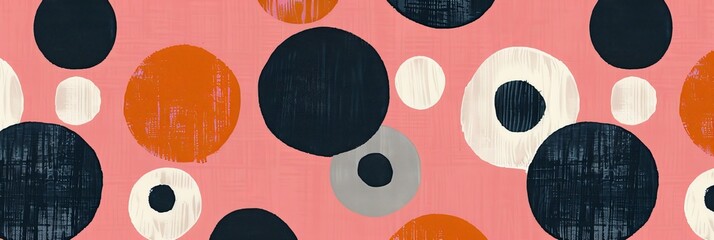Fototapete - Pink background with various sized black and white circles spread across the image in a random pattern