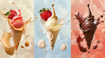 Wall Mural - creative poster design for icecream, with three flavors, vanilla, strawberry, chocolate.