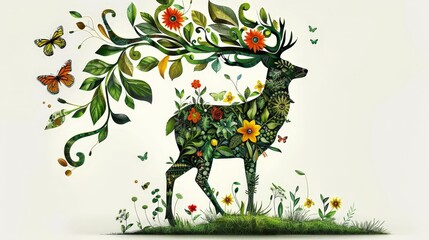 Wall Mural - A painting featuring a majestic deer surrounded by vibrant flowers and delicate butterflies