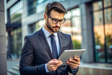 Happy professional successful business man using tablet