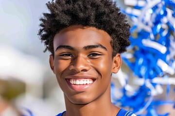 A happy young male athlete in blue is smiling with pompoms in the background on a sunny day