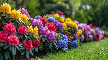 Poster - Colorful rhododendrons bloom vibrantly in a garden, adding a pop of color to the landscape