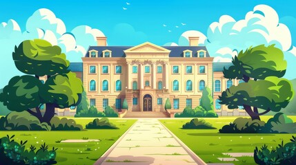 Wall Mural - A modern cartoon illustration of a summer landscape with a building outside of a university, a college, a high school or a library.