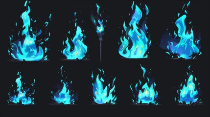 Poster - A blue flame is burning for 2D animation or video games. Modern cartoon animation sprite sheet with sequences of a magic flame burning on a torch, candle or bonfire on a black background.
