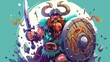 The Viking character is an ancient Scandinavian warrior with a sword and horned helmet, wearing a shield with a snake emblem. A modern cartoon illustration of the Viking character is shown isolated