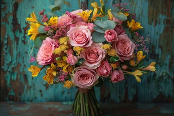 Aufkleber - A beautiful bouquet of pink and yellow roses placed on a rustic wooden table