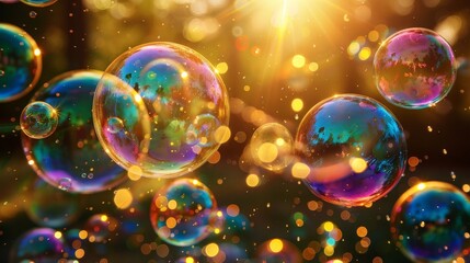 Poster - Soap bubbles drifting in the air, reflecting colors, and shining in the sunlight