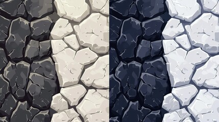 Wall Mural - Modern cartoon seamless patterns of cracked concrete, cracked stone ground and white and black marble walls for use in game backgrounds.