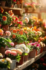 Poster - Numerous potted flowers of various colors and types are neatly arranged on shelves and tables in a flower shop