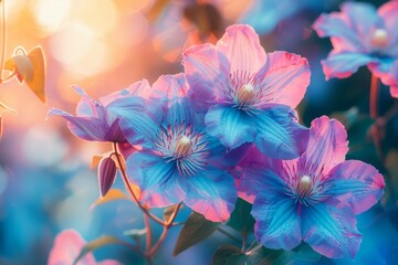 Poster - Bright blue clematis flowers in full bloom against a sunset sky