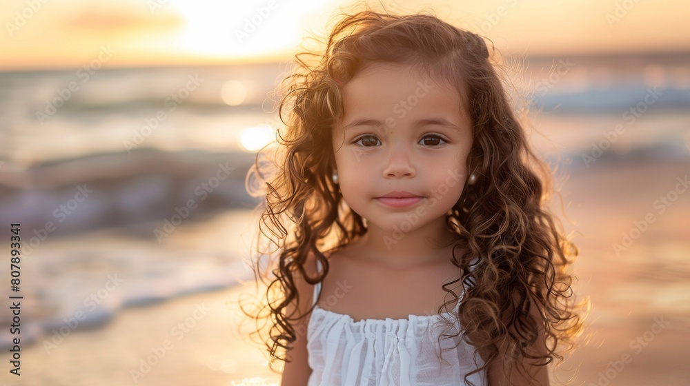 an adorable little girl with long curly brown hair standing on the ...
