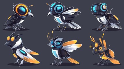 Poster - Cartoon futuristic weapon cyber machines. Modern animal robots - magpie, wasp, bee, mantis, and spider.