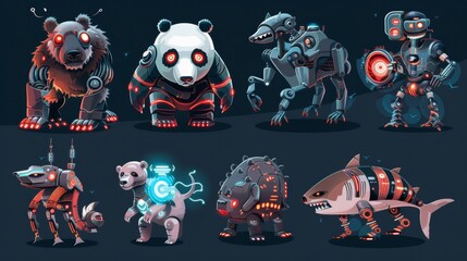 Wall Mural - Cyborg seals, pandas, grizzly bears, sharks, wild boars. Cartoon robotic animalistic machine characters with glowing eyes and wires.