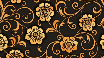 Poster - Intricate golden floral pattern on a stark black background, creating a striking contrast