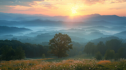 Poster - The early morning sunshine rises from the valley. Generative AI.