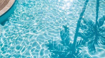 Poster - A swimming pool surrounded by lush palm trees under a clear blue sky, with the water reflecting the vibrant hue
