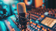 © Татьяна Прокопчук - Professional microphone in a music recording studio, on the background of a blurred recording studio. Horizontal banner. Background.