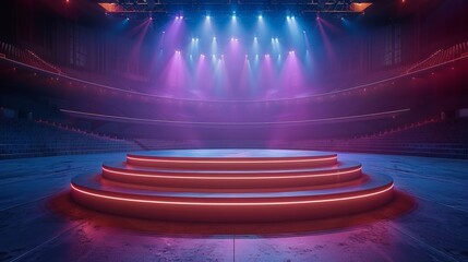 Aufkleber - An empty stage prepared for a performance, lit brightly by spotlights, with no actors present