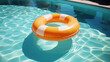 Safety in swimming pools in summer. Inflatable lifebuoy in a pool. Safety measures in the water. Life jacket. Safety for children and adults.