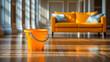 Home clean. Cleaning of offices, waiting rooms. Yellow bucket for washing floors with sofa in the background with copy space.
