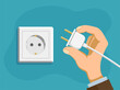 Human hand holds an electrical plug in front of an electrical outlet. Vector stock illustration