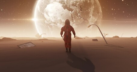 Wall Mural - alone astronaut walking in an alien planet covered by desert. great destruction related 3d cg 4k ani