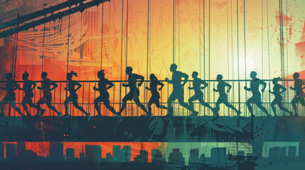 Wall Mural - silhouetted runners crossing a bridge or overpass during a dawn marathon, with the structure's architectural lines accentuating their movement and determination, symbolizing progress and forward momen