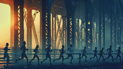 Canvas Print - silhouetted runners crossing a bridge or overpass during a dawn marathon, with the structure's architectural lines accentuating their movement and determination, symbolizing progress and forward momen