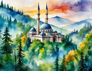 Watercolor illustration of a village Mosque in the mountains. Blacksea, Türkiye