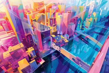 Wall Mural - Capture the essence of a bustling cityscape through a kaleidoscope of vibrant colors and geometric shapes, blending traditional acrylic strokes with sleek CG 3D renderings