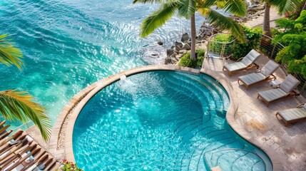 Poster - A pool with several lounge chairs situated on a deck with a clear view of the vast ocean stretching out to the horizon
