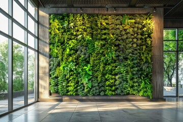 Poster - A green vertical garden covering a wall inside an office building, adding a touch of nature to the workspace