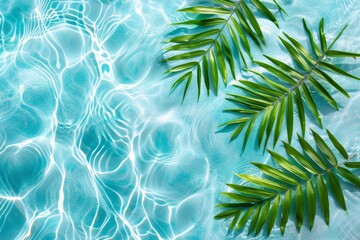 Poster - A blue pool with palm leaves floating on the water surface