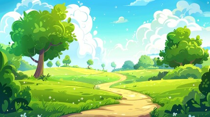 Wall Mural - This modern illustration depicts a rural landscape with green agriculture fields, a path and trees.