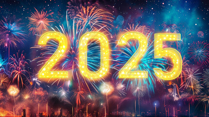 Poster - The year 2025 is celebrated with a colorful fireworks display in the background, lighting up the sky with vibrant bursts of light and color