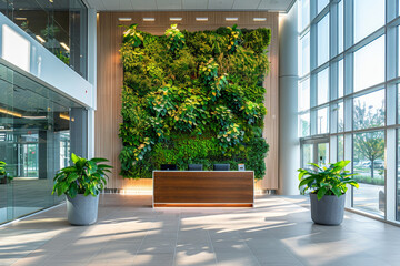 Poster - A lobby with a green wall and various potted plants in the background, creating a natural and refreshing atmosphere