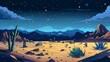 An evening western desert landscape at night. Illustration of aloe plants, dark arc mountains, and stones in Africa, Arizona, or Mexico.