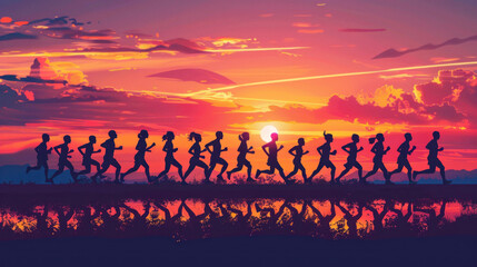 Sticker - all ages and backgrounds participating in a marathon at dawn, their silhouettes blending together as they move forward in unity, representing the strength of diversity in sports.