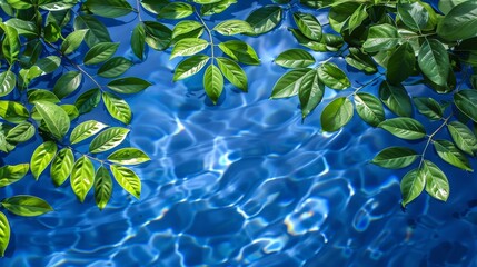 Poster - A blue pool with scattered green leaves floating on the waters surface