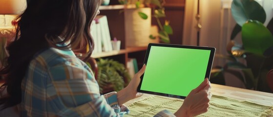 Poster - an attractive young woman sits at her wooden desk and uses a tablet computer with mock-up green scre