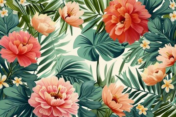 Poster - tropical floral design featuring lush green leaves, coral and pink flowers, and delicate white blossoms